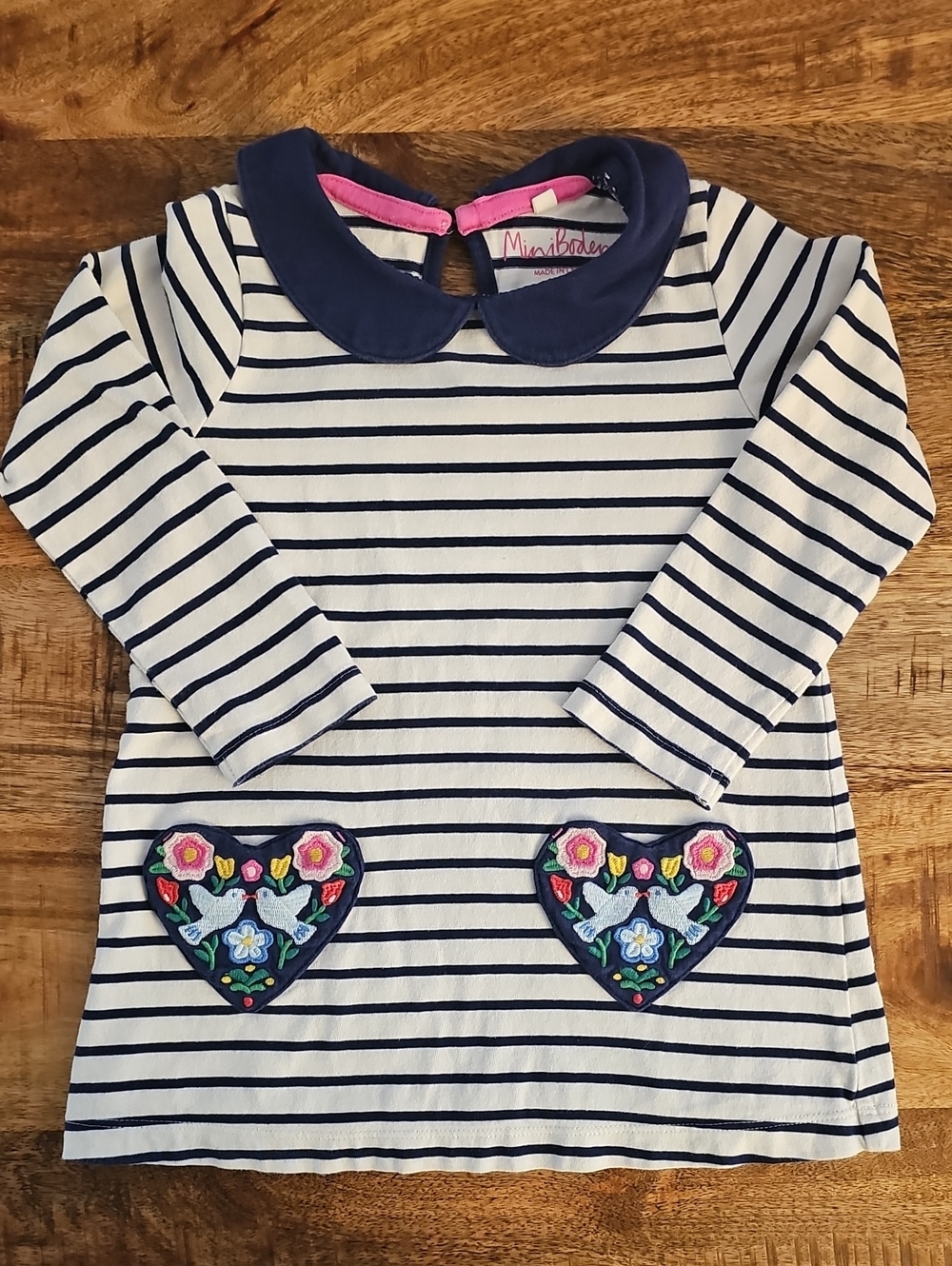 Mini Boden Striped Jersey Pocket Tunic Dress Embroidered Hearts